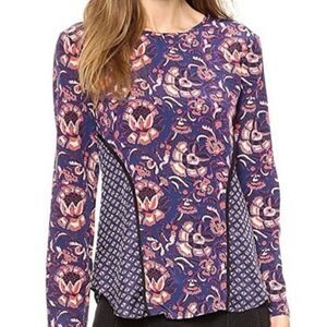 Veronica Beard blouse Sz 0 100% silk plum floral batik print seamed boho